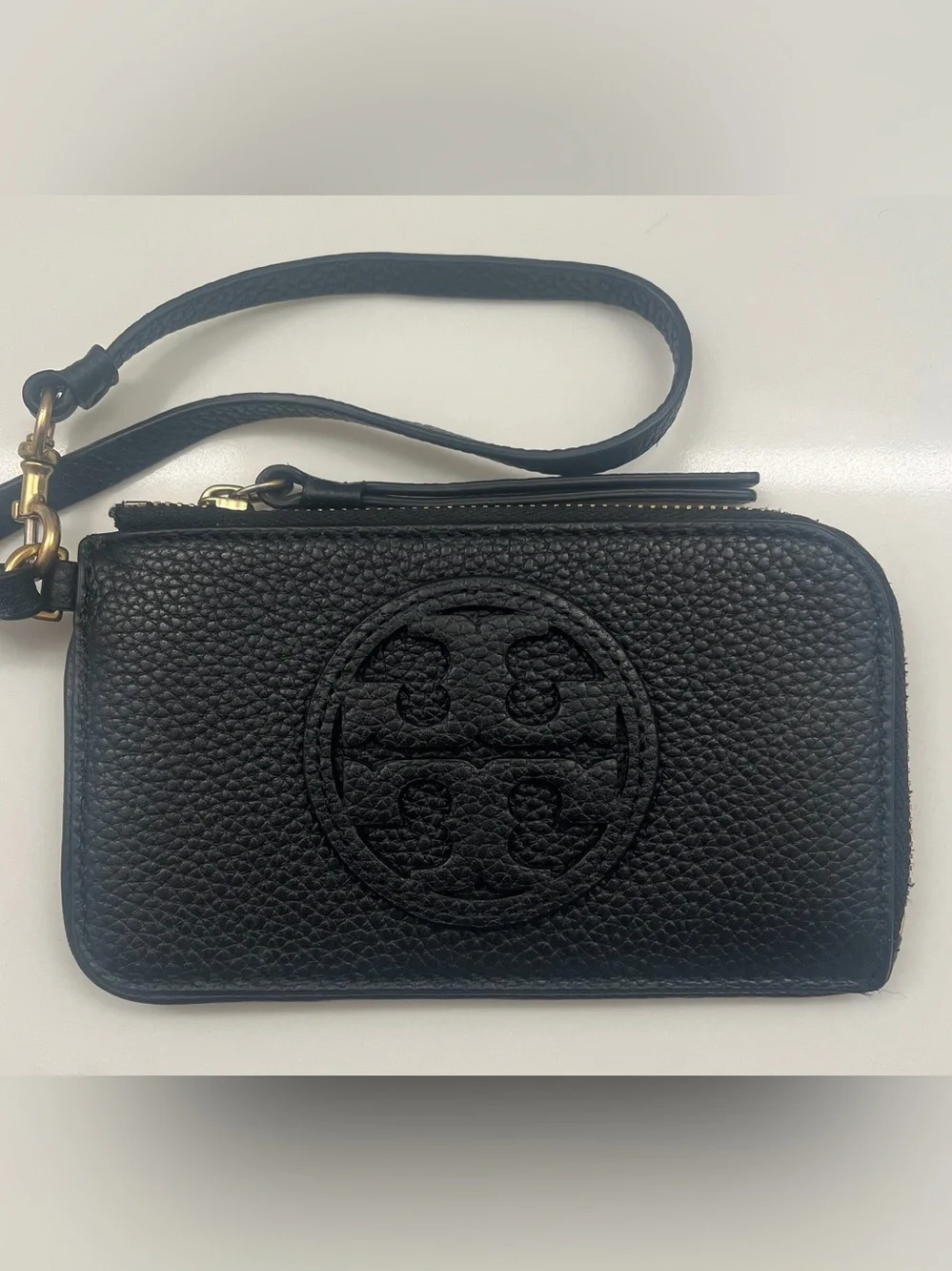 Tory Burch Black Pebbled Leather Logo Wristlet with Strap
